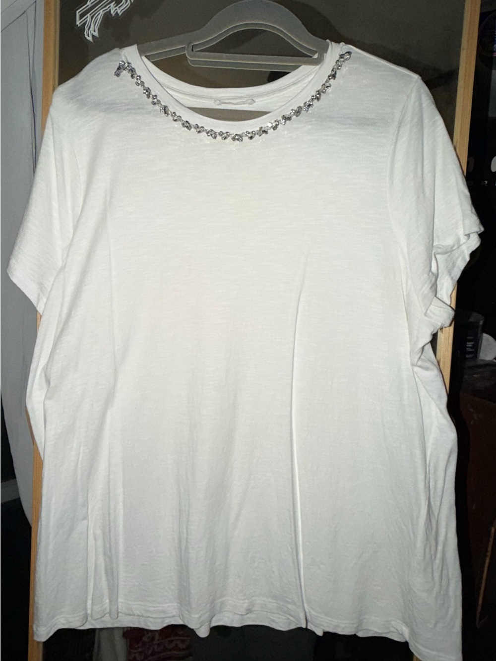 edgely White Short Sleeve Tee with Crystal Necklace Trim